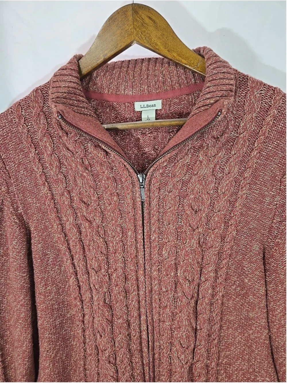 L.L. Bean Large Cable Knit Full Zip Sweater 100% Cotton Rust Textured Heritage